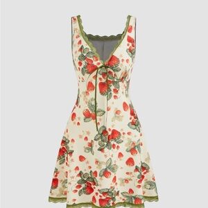Cider Strawberry Print Dress with Green Trim